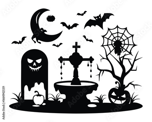 Halloween Scene Silhouette with Ghost, Fountain, Spiderweb, and Pumpkin vector illustration