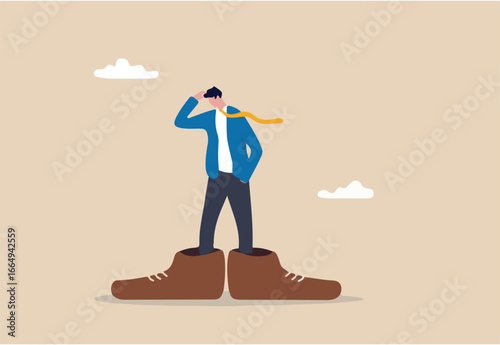 Work responsibility, put right man in the right job, working skill to fit job position, anticipation to be promoted, mistake or problem concept, frustrated businessman trying to put too big shoes.