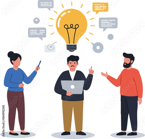 A diverse team collaboratively brainstorms innovative solutions, generating fresh ideas under the glow of a bright lightbulb, symbolizing creativity and successful business strategy.