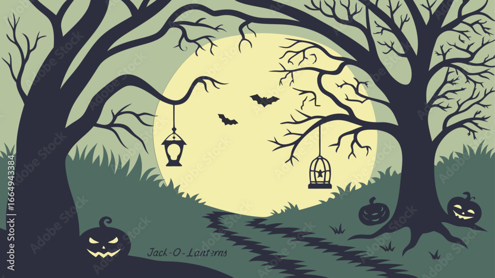 Fototapeta premium Spooky Black and White Halloween Forest with Jack-o’-Lantern and Full Moon – Vector Background