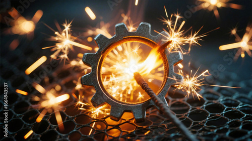 Spectacular sparklers ignite a metal gear, creating a dynamic and fiery display representing innovation, energy, and the power of collaboration in engineering and technology