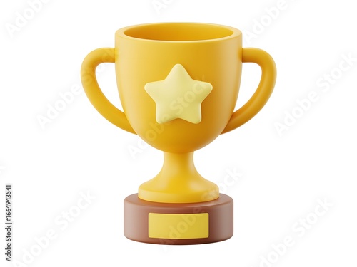Golden Trophy Depicting Success and Achievement Award with Central Star Symbol on the Cup, Placed on a Rectangular Brown Base