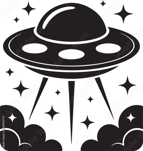 A Classic Flying Saucer UFO Vector Illustration with Stars and Clouds, Perfect for Sci-Fi and Alien-themed Designs.