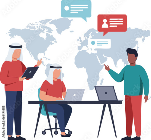 Diverse business professionals from various cultures collaborate globally, utilizing modern technology and digital communication tools for international networking.