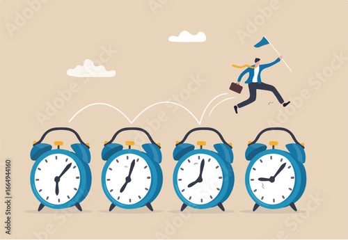 Time management, procrastination or work productivity, finish project within deadline, work efficiency or planning, fast pace project concept, businessman expert jumping on time passing alarm clock.