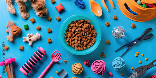 Wallpaper Mural Vibrant blue background featuring a playful display of dog toys, grooming tools, and a bowl of kibble. Torontodigital.ca