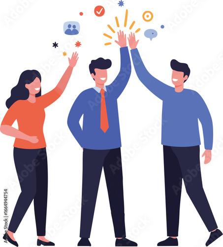 Diverse professional team members celebrate a successful project with an enthusiastic high-five, symbolizing unity, achievement, and collaborative spirit.