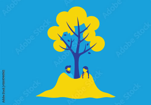 People relaxing, chatting under tree. Blue background for abstract, stylized use