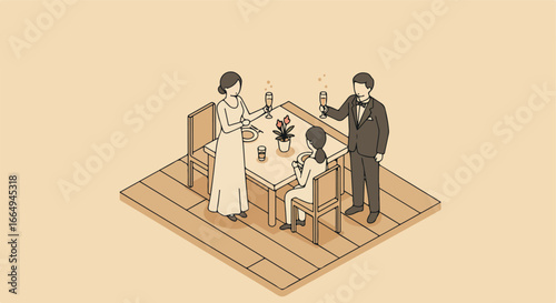 Family toasts at dining table in isometric view; celebration backdrop