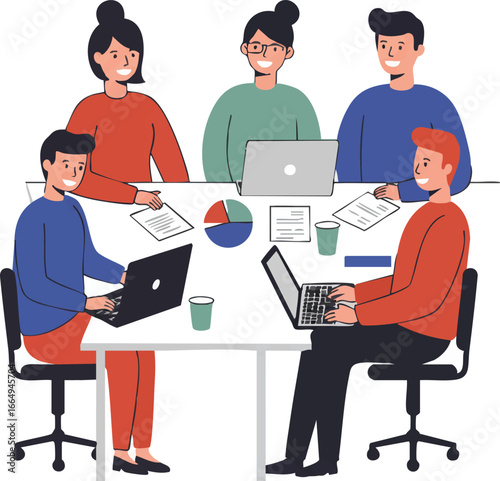 A diverse team of professionals collaborates on a project, using laptops and documents for strategic planning and effective communication.