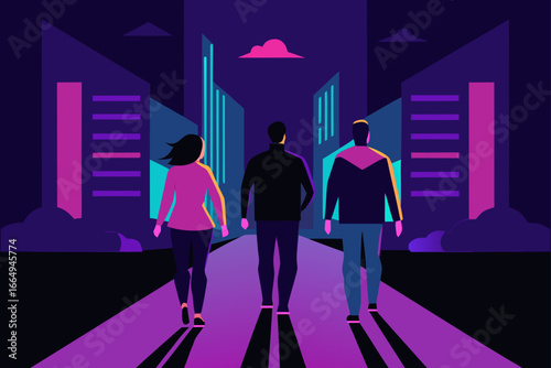 Friends Walking Under Neon City Lights