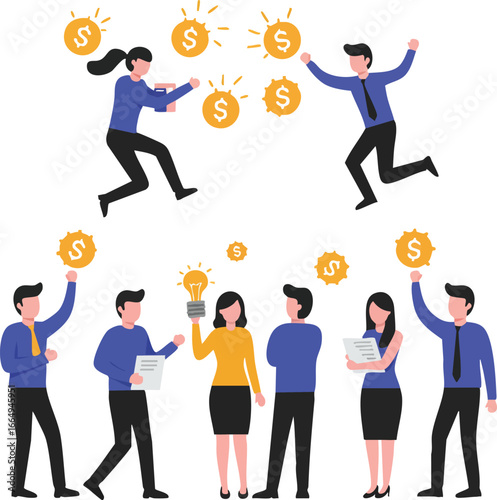 Dynamic business professionals collaborate and celebrate financial success, exchanging innovative ideas and achieving profitable growth in a vibrant corporate environment.