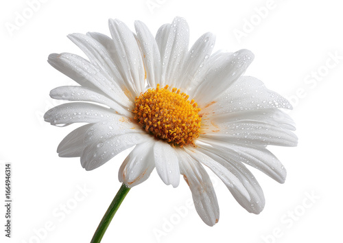 Close-up of a single, pristine white daisy with dew drops