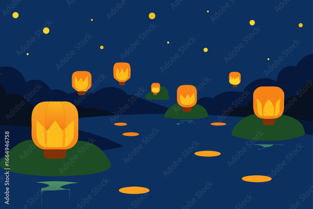 Fototapeta premium Glowing Lanterns Floating Across Night River Illustration