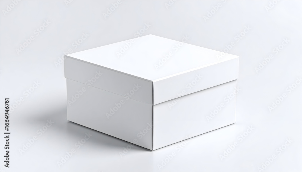 Fototapeta premium A closed white square gift box with a lid, presented as a mockup template on a clean, neutral white background.