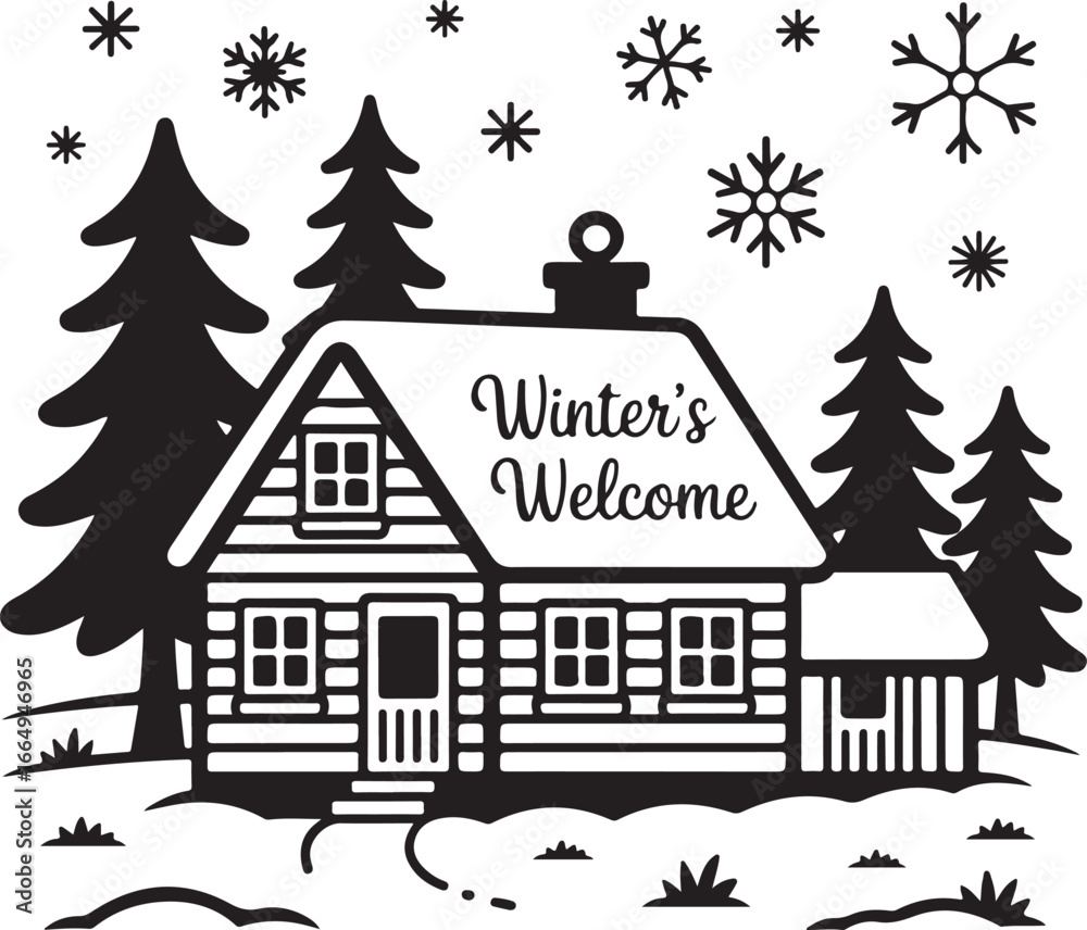Obraz premium A Charming Black-and-White Illustration of a Cozy Log Cabin with a 