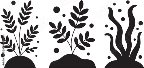 A Set of Black-and-White Vector Silhouettes of Aquatic Plants and Bubbles for an Underwater Scene