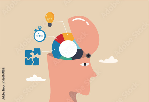 Cognitive ability skill to think and process solution or idea to solve problem in timely manner, intelligence, knowledge or aptitude test, human head brain with pie chart of idea, solution and time