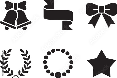 A Set of Black-and-White Vector Icons Including Bells, Ribbons, Bows, a Laurel Wreath, and a Star