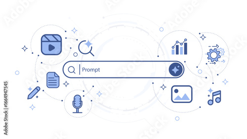 Artificial intelligence technology concepts. Generative bar with media and data icon. Machine learning and generate. Input prompt as commands for search and generate by AI. Vector illustration.
