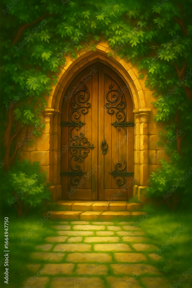Fototapeta premium Old wooden doorway in a garden with stone wall and vintage gate
