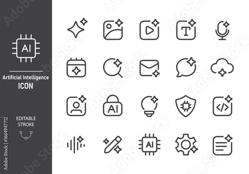 Set of artificial intelligence line icon set vector collection. Generative AI symbol. AI logo and star. Machine learning, smart robotic.  Web user interface element for ui ux design. Editable stroke.