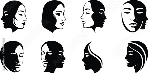 Eight Black and White Stylized Female Face Silhouettes in Profile graphic