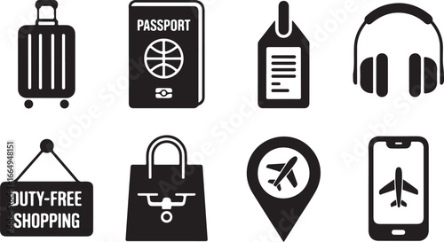 A Collection of Simple and Stylish Travel and Airport Icons in a Bold Silhouette Style