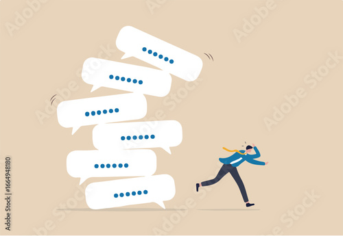 Communication problem or overload, too many messages or spam, inefficient discussion or meeting concept, frustrated businessman run away from collapsing stack of online speech bubble.