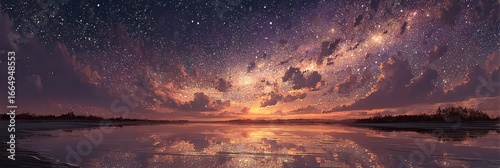 Stunning night sky reflects on tranquil water at dusk with a galaxy of stars illuminating the horizon