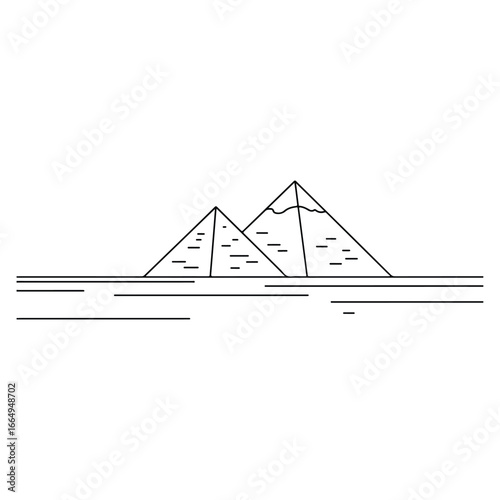 Minimalist black line art of two Egyptian pyramids with wavy lines representing water or sand ancient