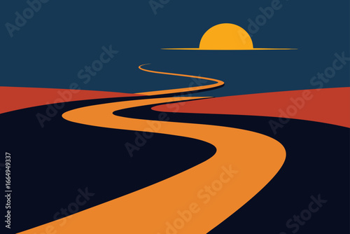 Winding Road Disappearing into Glowing Horizon Concept