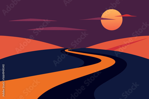 Winding Road Disappearing into Glowing Horizon
