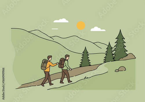 Hikers with packs walking on trail in forest with sun and hills background