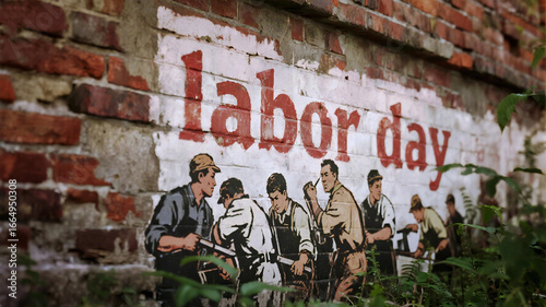 Celebrate Labor Day with this vintage mural honoring hardworking men on a weathered brick wall, perfect for historical projects or promoting worker appreciation events