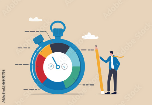 Time tracking system or time management to manage project or productivity, evaluate efficiency or project resources planning concept, business man stand with stop watch timer time spend pie chart.