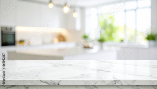 marble island top table with blurry background open space modern kitchen set background