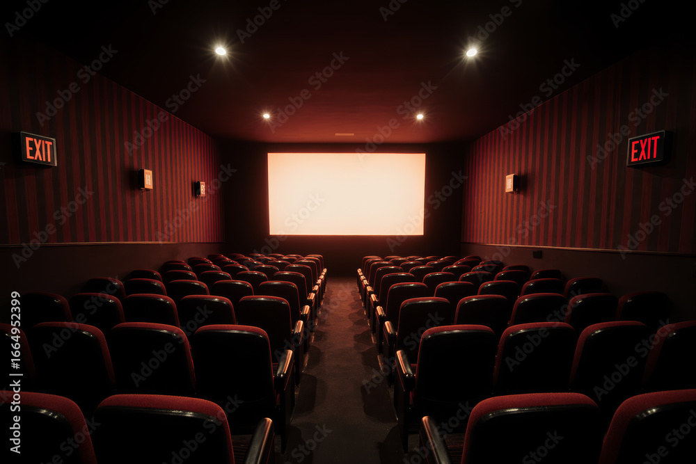 Fototapeta premium Eye-level view of a dimly lit movie theater with red-striped walls, empty rows of red velvet seats, and a bright projector screen at the far end