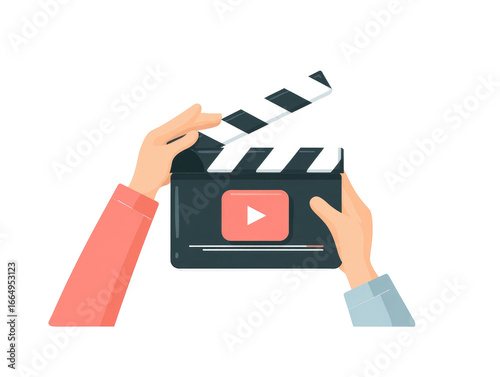 Two hands hold a clapperboard with a play button, symbolizing video production