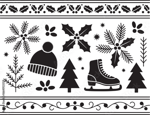 A Whimsical Winter Collection of Holiday Elements, Including Ice Skates, Holly, and Trees