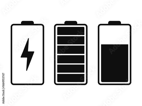 set of smartphone battery status icons, black battery symbol, lightning bolt symbol.