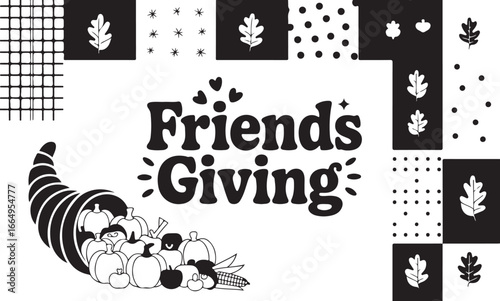 A Friendsgiving Design with a Cornucopia and a Decorative, Modern Pattern of Leaves and Dots