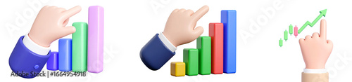 3D hand pointing at colorful bar chart business growth financial success upward trend positive data economic progress cheerful isolated on transparency background