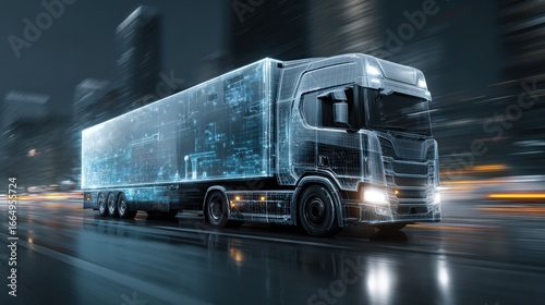A futuristic truck speeds through the city, showcasing digital holographic projections on its side, highlighting advanced technology and innovative logistics solutions.