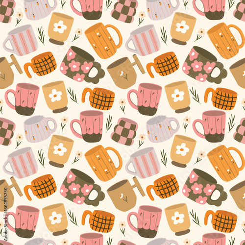 Cup seamless pattern with leaves and flower vector design.