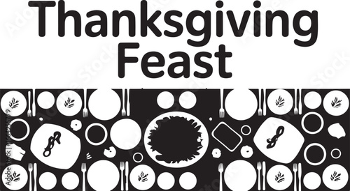 A Top-Down View of a Thanksgiving Feast Table with Black and White Place Settings