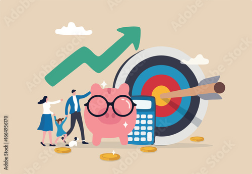 Family financial planning, saving or investment plan, money and wealth management, budget, debt and mortgage, pension fund concept, family people with piggy bank, calculator and financial target.