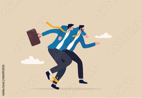 Business trusted partnership, buddy, teamwork and unity, mentorship and support to achieve success, cooperation and collaboration concept, businessmen running three legs race to win the competition.