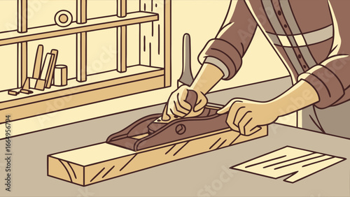 A person is using a hand plane to smooth a wooden plank in a workshop.