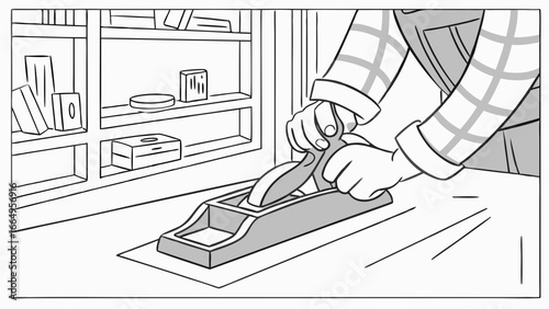 A person sharpening a plane's blade in a woodworking shop.